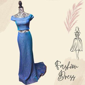 Blue Shimmer Off the Shoulder Crop Top  Long Skirt - Size 4